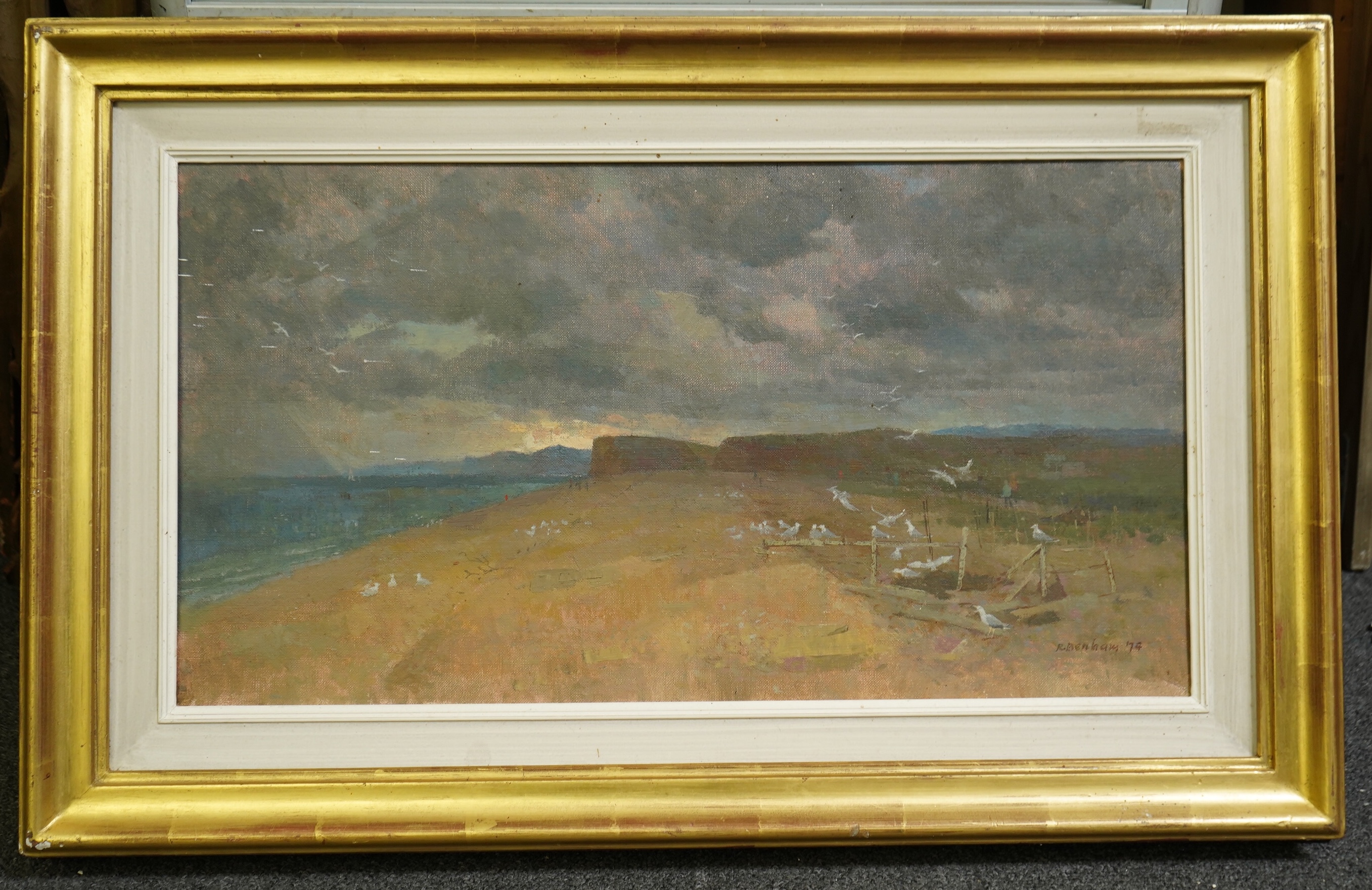 Ronald Benham RBA, NEAC (1915-1993), oil on canvas, End of the Chesil Bank, signed and dated '74, 30 x 55cm. Condition - fair to good